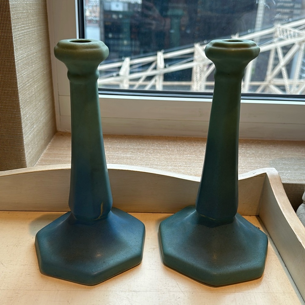 Van Briggle Art Pottery Tall Pair Candlesticks